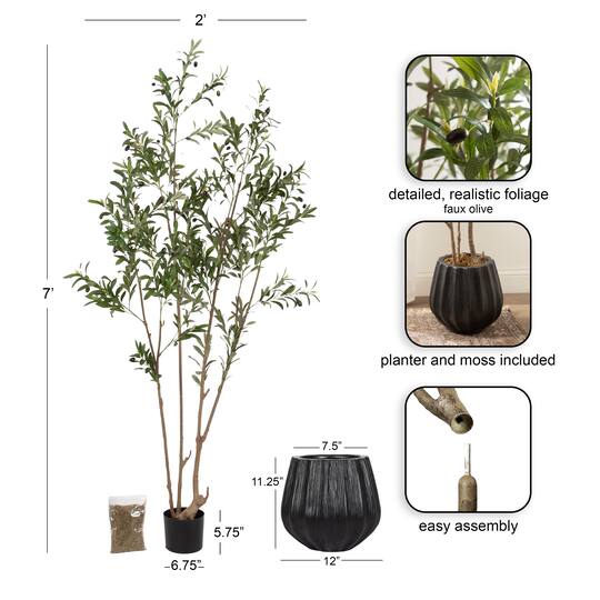 Kate and Laurel 7ft. Oliveira Faux Olive Tree with Claudel Scalloped Planter